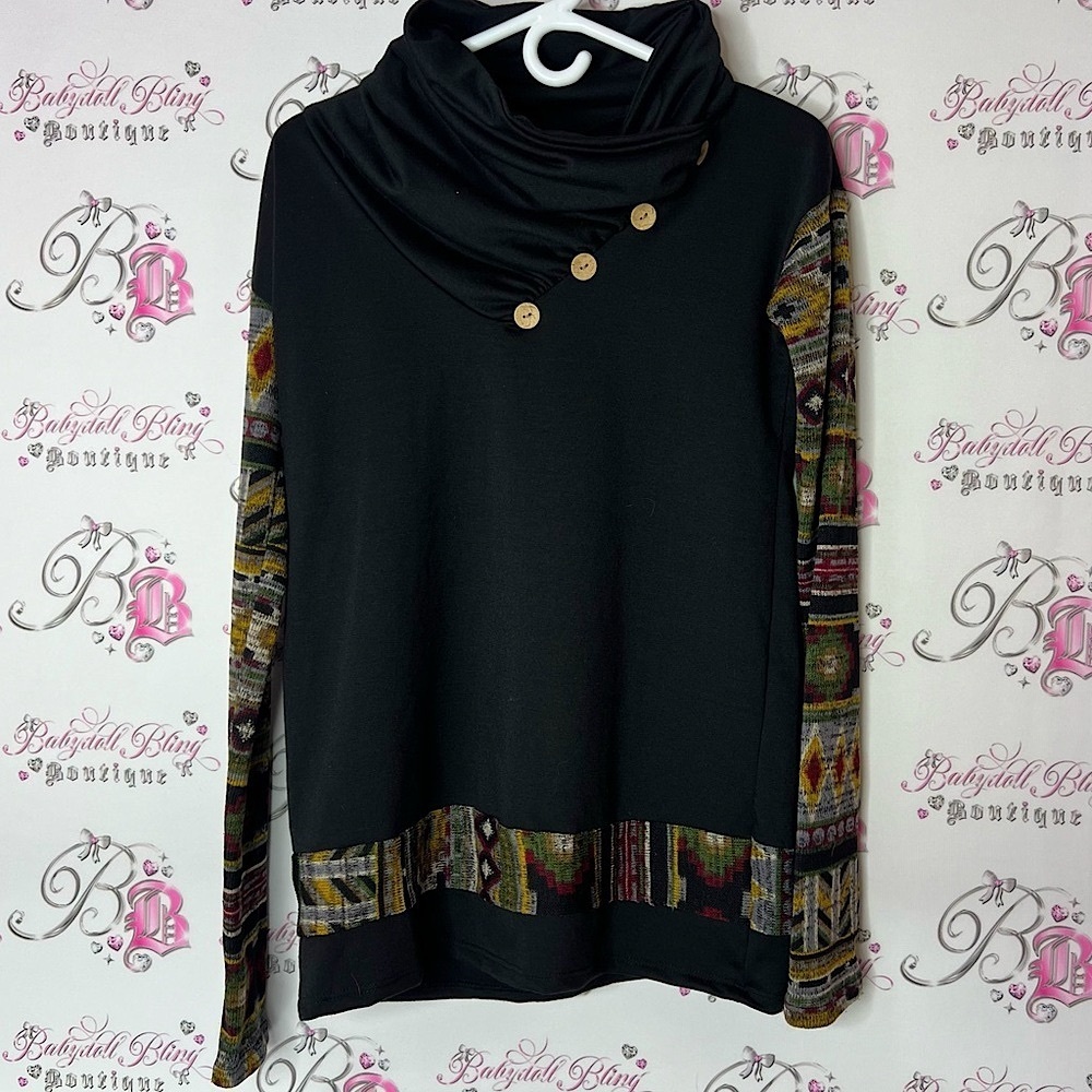 12 Pm By Mon Ami Black Cowl Neck Sweater with Ornamental Pattern Aztec tribal